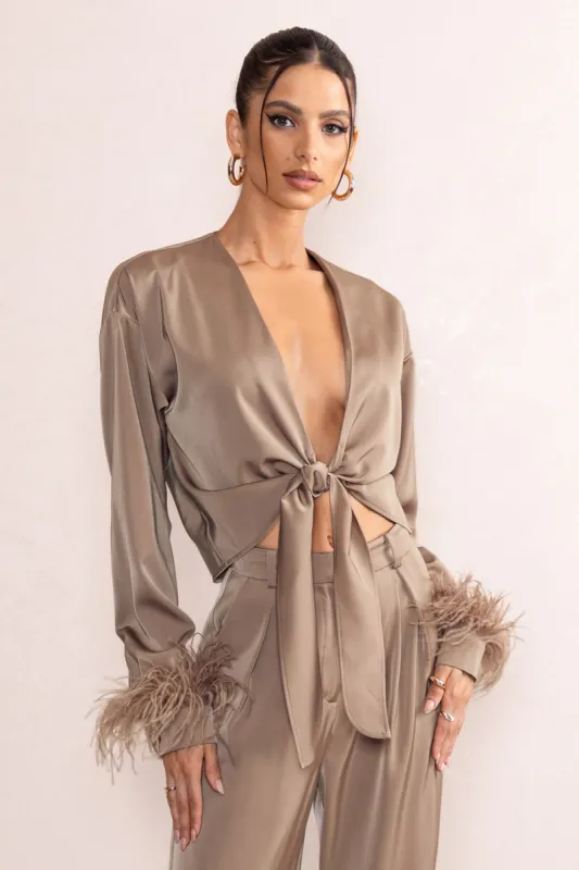 Beauty Pie | Mocha Plunge Neck Tie Front Shirt With Feather Trim sold by Club L London