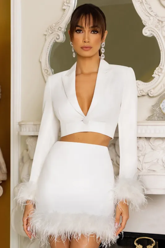 Tempting | White Cropped Blazer With Feather Trim sold by Club L London