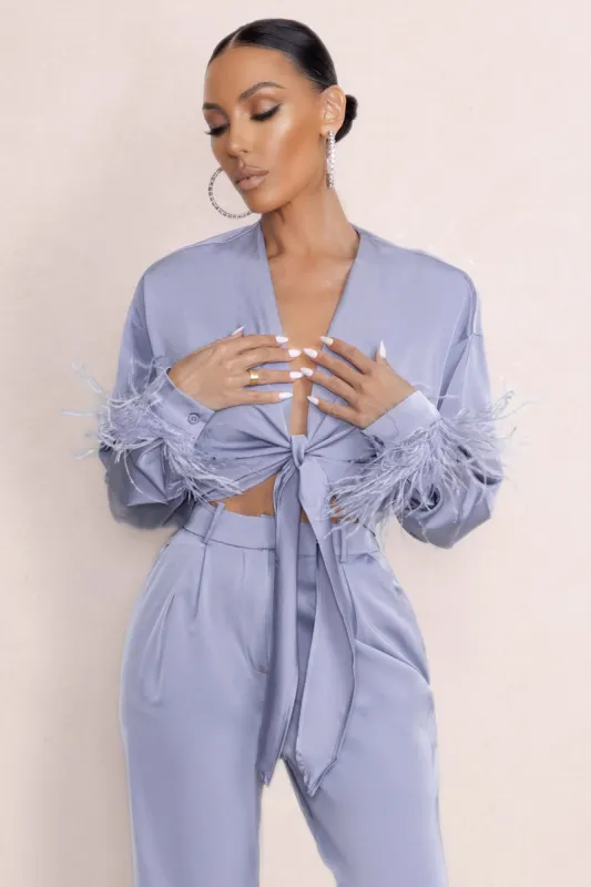 Beauty Pie | Powder Blue Plunge Neck Tie Front Shirt With Feather Trim sold by Club L London