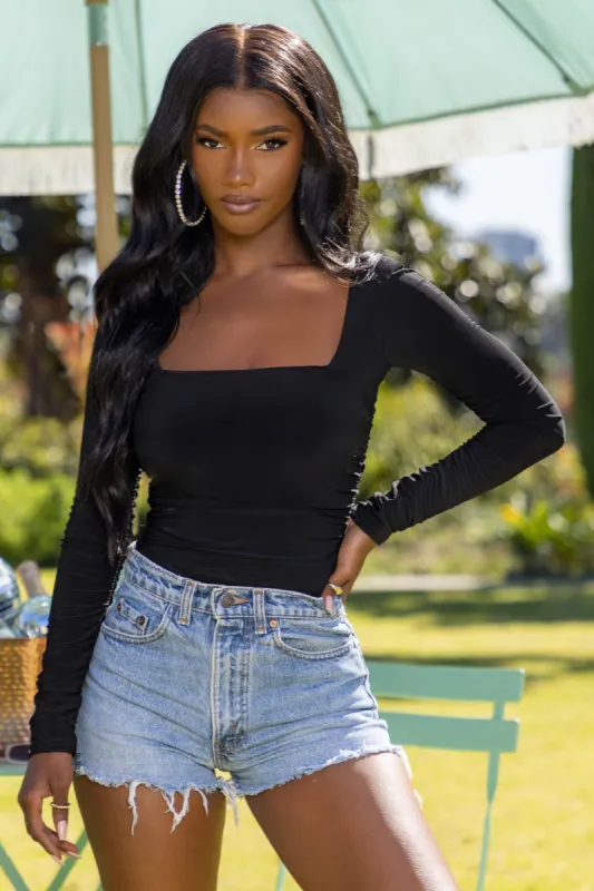 Celestial | Black Square Neckline Bodysuit With Long Sleeves sold by Club L London