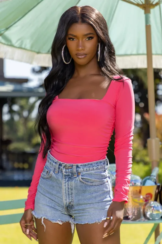 Celestial | Hot Pink Square Neckline Bodysuit With Long Sleeves sold by Club L London