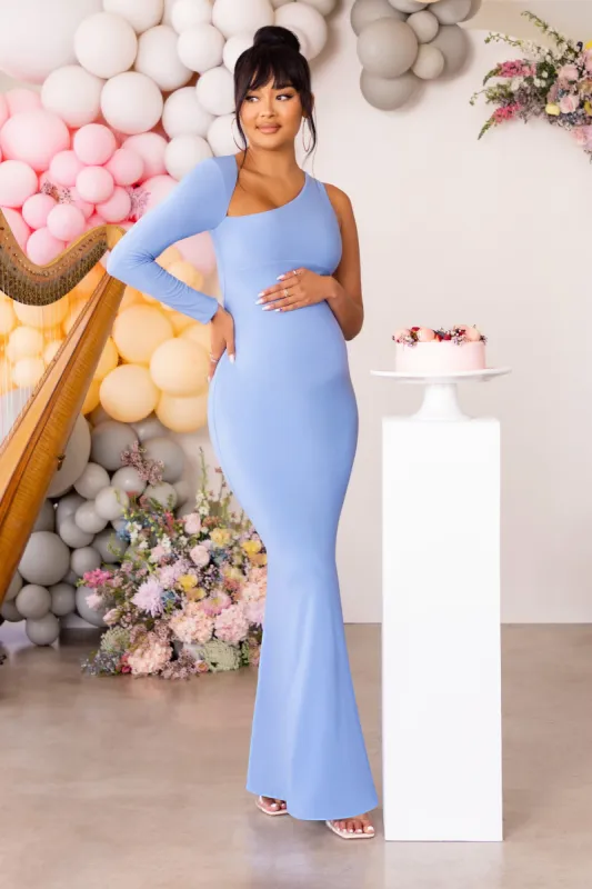 Oh Baby | Powder Blue Maternity One Shoulder Bodycon Maxi Dress sold by Club L London