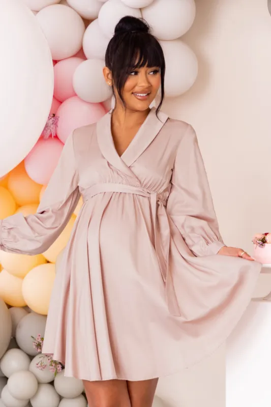 Sweet Lullaby | Nude Maternity Belted Wrap Mini Dress sold by Club L London
