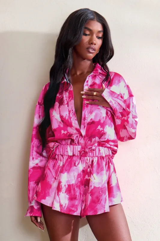 Limitless | Hot Pink Print Oversized Long Sleeve Satin Shirt sold by Club L London