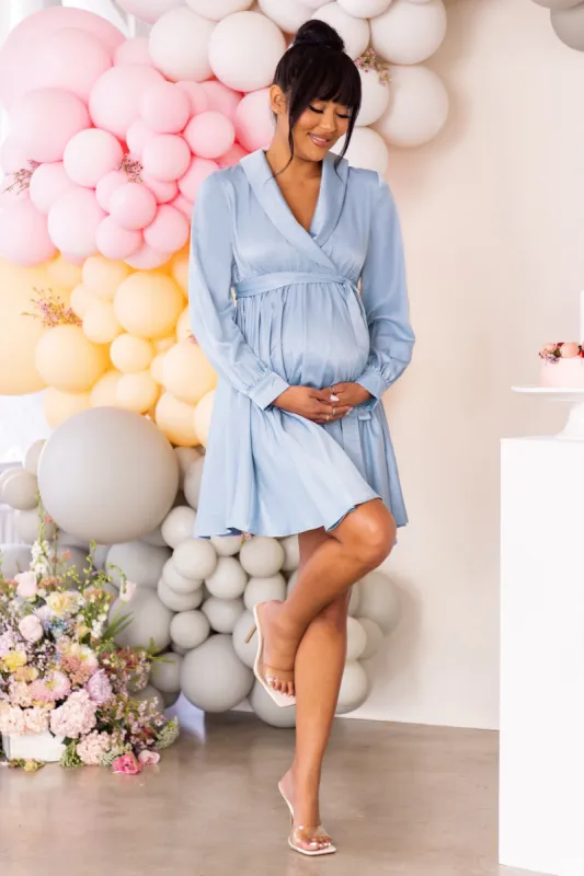Sweet Lullaby | Powder Blue Maternity Belted Wrap Mini Dress sold by Club L London