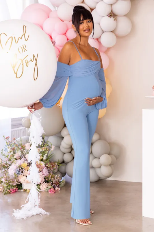 Baby Baby | Powder Blue Maternity Ruched Bardot Jumpsuit sold by Club L London