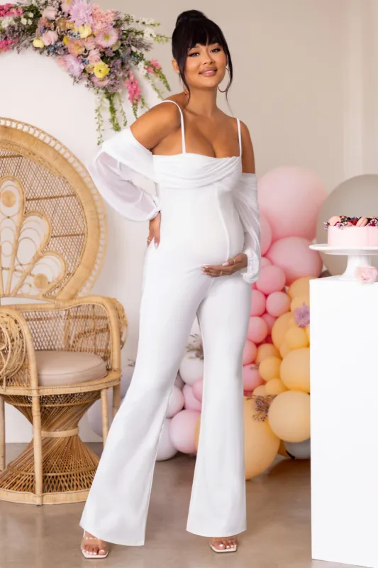 Baby Baby | White Maternity Ruched Bardot Jumpsuit sold by Club L London