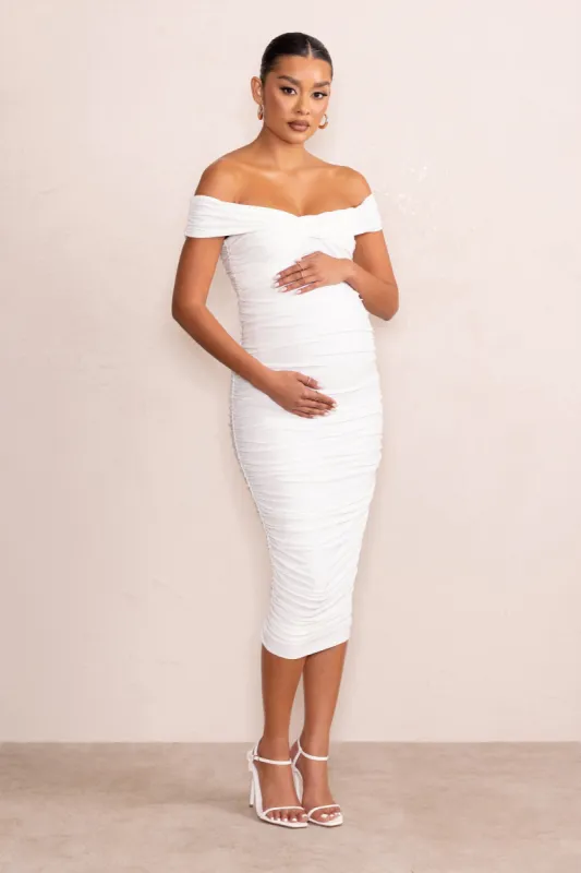 Perfection | White Maternity Bardot Knot Ruched Midi Dress sold by Club L London