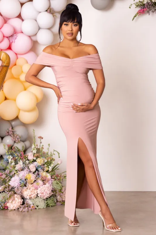 Worth The Wait | Blush Maternity Ruched Bardot Split Hem Maxi Dress made by Club L London