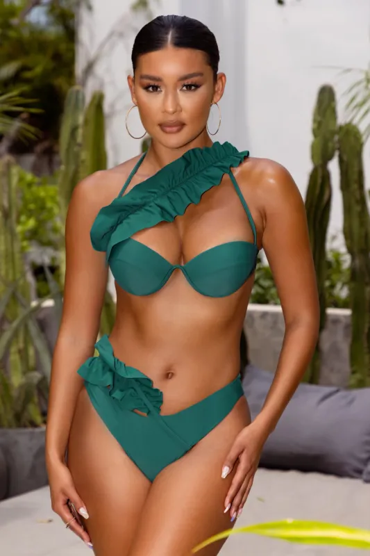 Under The Palms | Green Asymmetric Ruffle Bikini Top made by Club L London