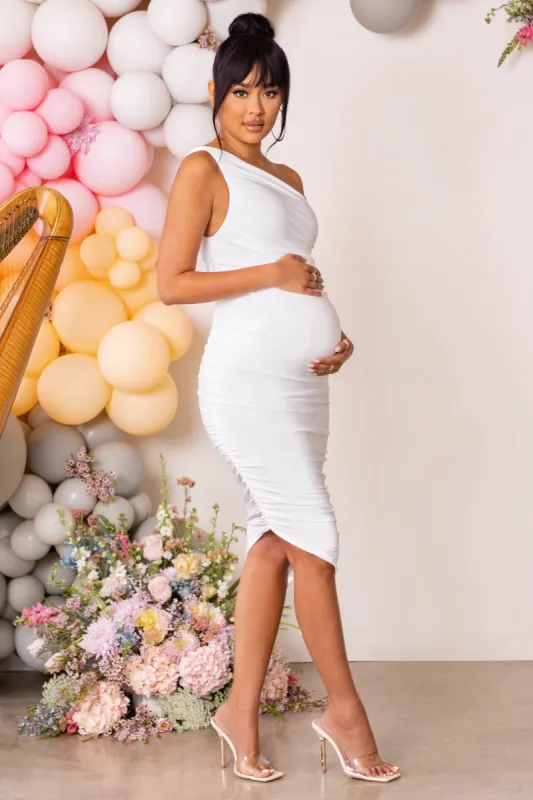 Redefined | White Maternity Ruched One Shoulder Midi Dress sold by Club L London