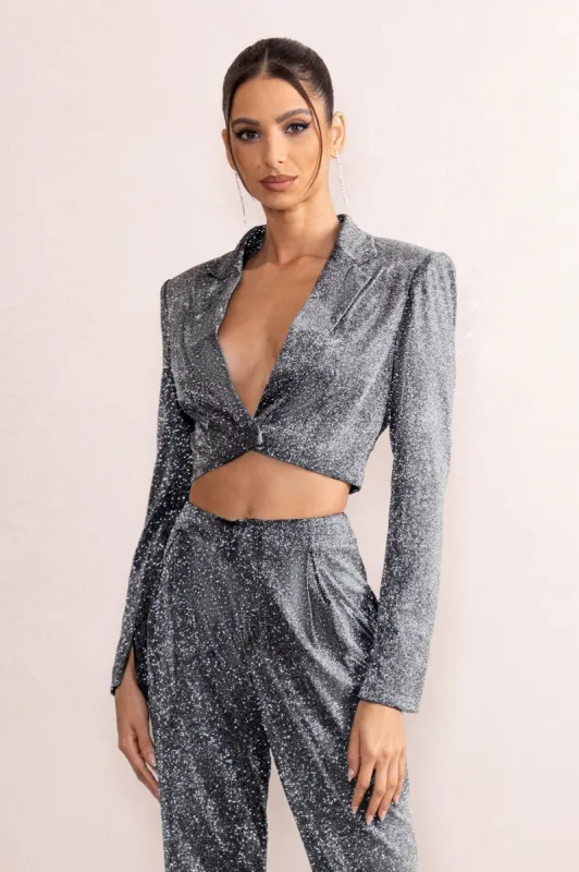 Bailey | Silver Metallic Tailored Crop Blazer sold by Club L London
