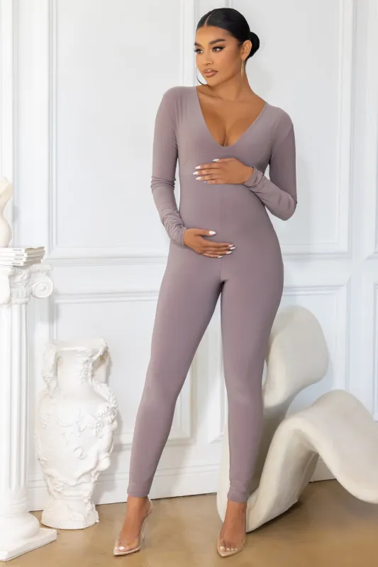 My World | Taupe Maternity V Neck Long Sleeve Jumpsuit sold by Club L London
