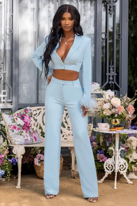 Jump In | Powder Blue High Waist Wide Leg Trousers made by Club L London
