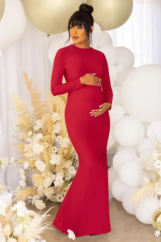 Adoring | Red Maternity Long Sleeve Backless Maxi Dress sold by Club L London