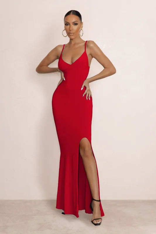 Love Shy | Red Plunge Neck Maxi Dress With Split Detail sold by Club L London