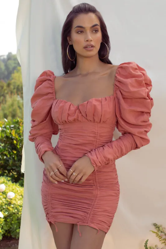 Grateful | Terracotta Ruched Mini Dress With linen look and Long Volume Sleeves sold by Club L London