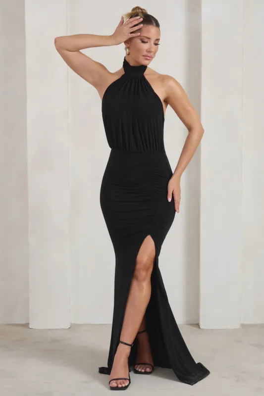 Forever Dreaming | Black Backless Halter Neck Ruched Split Maxi Dress sold by Club L London