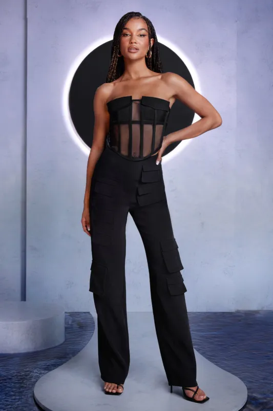 Made For You | Black High Waist Straight Leg Cargo Trousers sold by Club L London