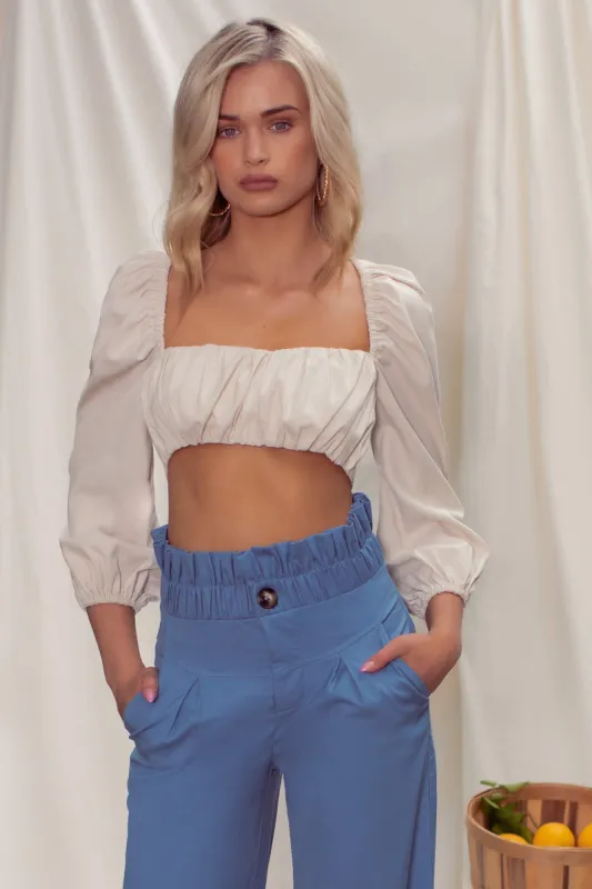 So Softly | Cream Sweetheart Neckline Crop Top With Puff Sleeves sold by Club L London
