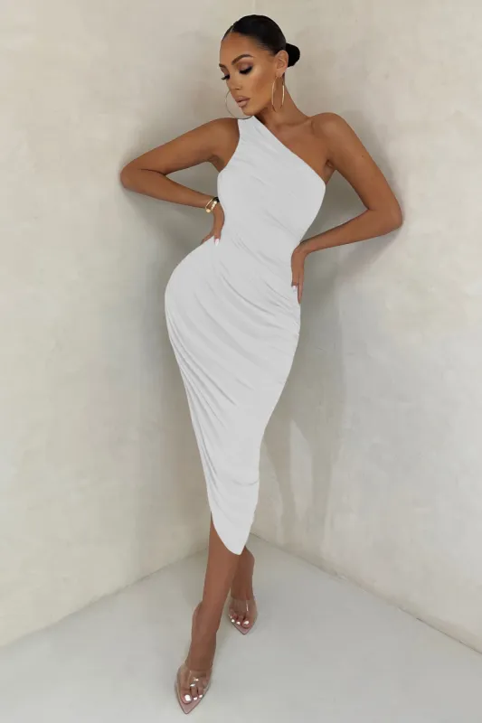 Late Night | Off White Asymmetrical One Shoulder Ruched Midi Dress sold by Club L London