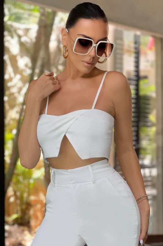 Top It Off | White Wrap Over Cami Crop Top sold by Club L London