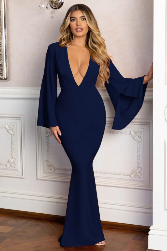 Odyssey | Navy Plunge Maxi Dress With Cape Sleeves sold by Club L London