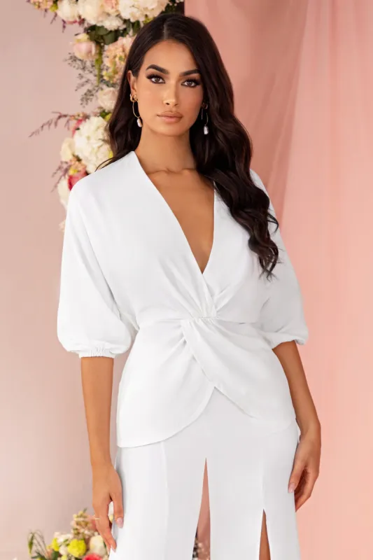Romantic Break | Ivory Plunge Twist Detail Long Sleeve Top sold by Club L London