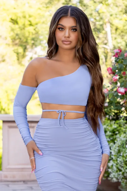 Figured Out | Blue Off The Shoulder Asymmetrical Crop Top sold by Club L London