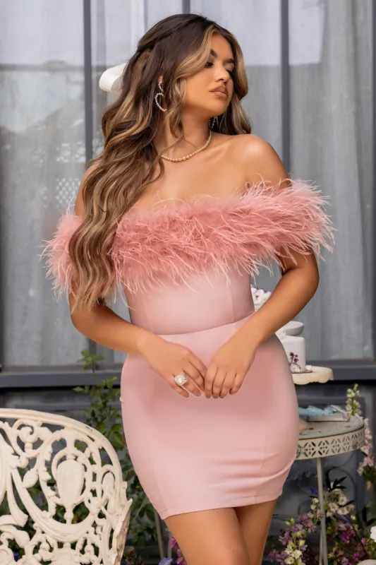 Pure Delight | Pink Bardot Feather Mini Dress sold by Club L London