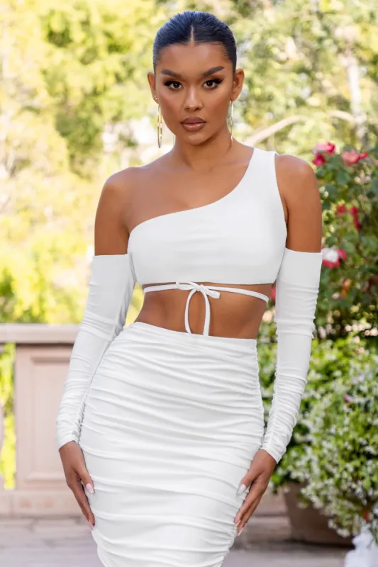 Figured Out | White Off The Shoulder Asymmetrical Crop Top sold by Club L London