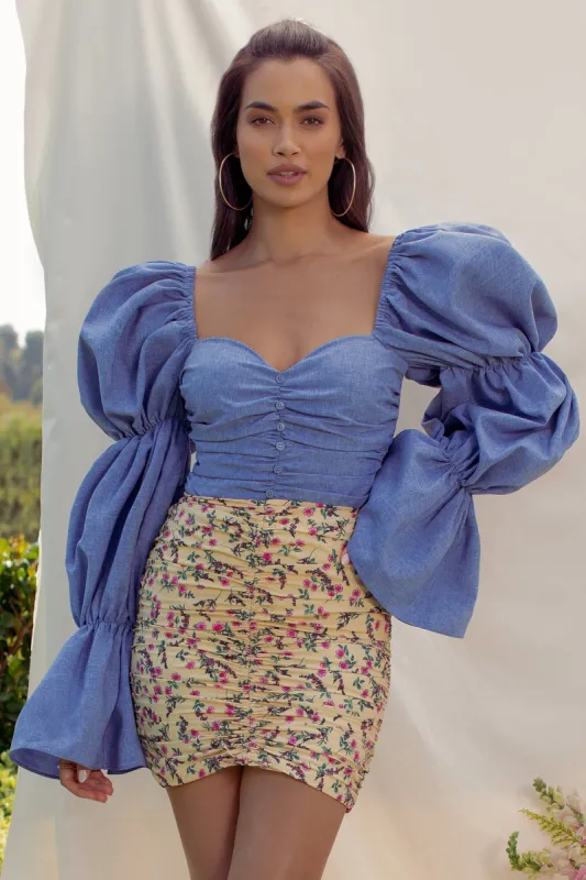 Maximum Impact | Blue Exaggerated Puff Long Sleeve Ruched Bodysuit sold by Club L London