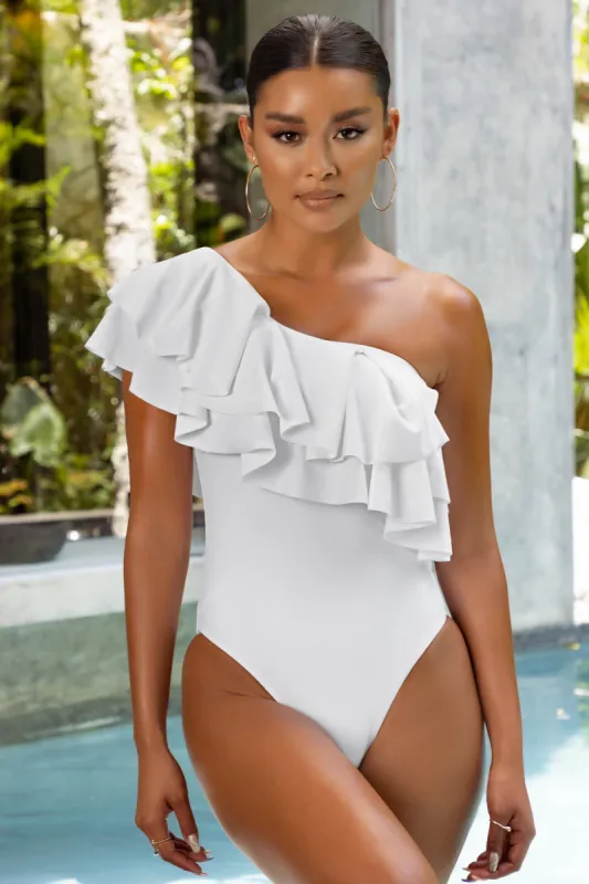 Pina Colada | White One Shoulder Ruffle Swimsuit sold by Club L London