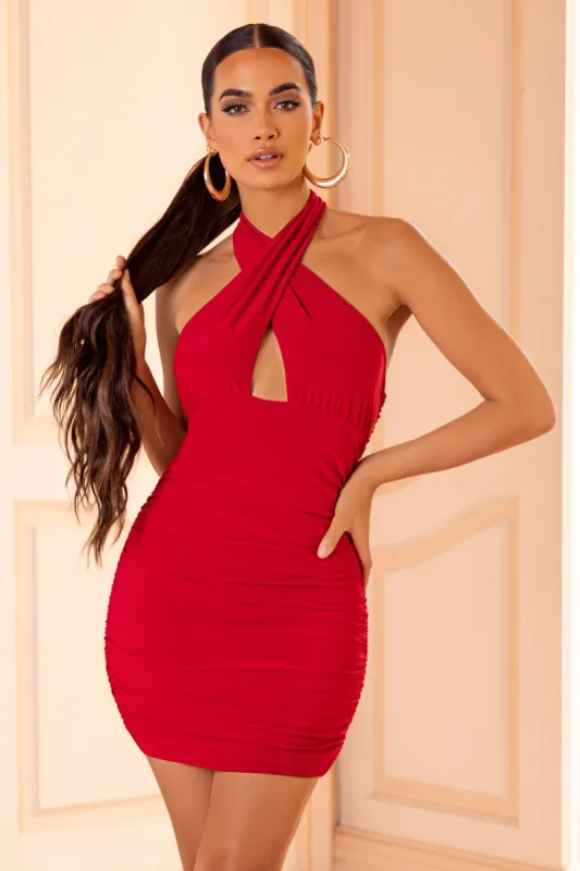 For Real | Red Halterneck Ruched Detail Mini Dress sold by Club L London
