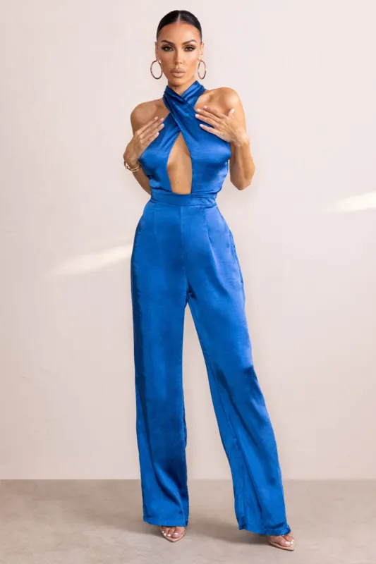 Lost Treasure | Electric Blue Halter Neck Cut Out Wide Leg Jumpsuit sold by Club L London