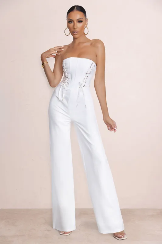 Reborn | White Bandeau Jumpsuit With Lace Up Detail sold by Club L London