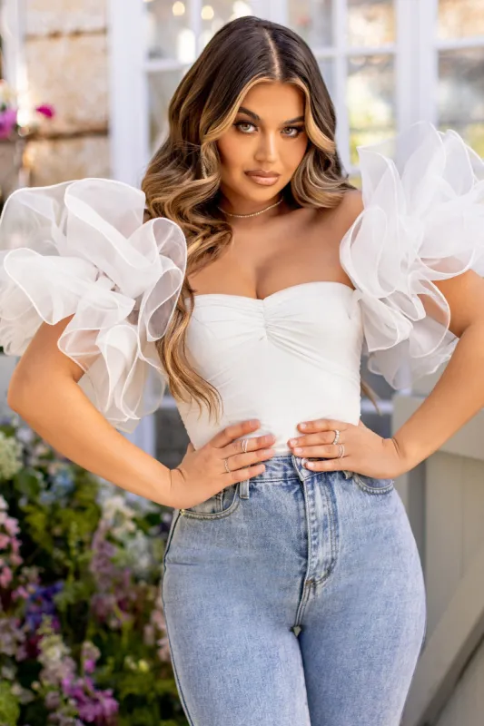 Scandalous | White Organza Sleeve Bodysuit With Mesh Overlay sold by Club L London