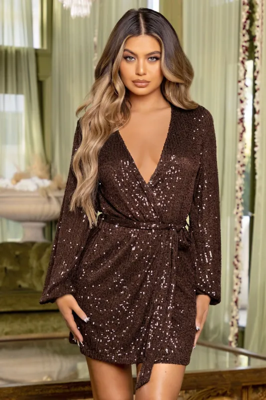 In Awe | Petite Brown Sequin Wrap Long Sleeve Belted Mini Dress sold by Club L London