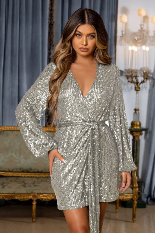 In Awe | Petite Silver Sequin Wrap Long Sleeve Belted Mini Dress sold by Club L London