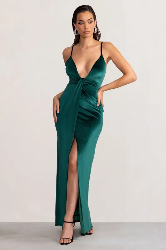 Miranda | Bottle Green Velvet Plunge Neck Twist Maxi Dress sold by Club L London