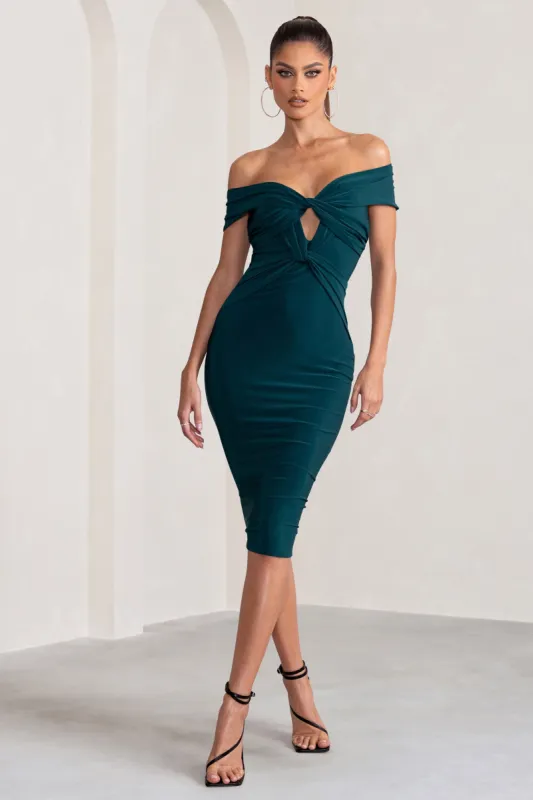Hadley | Bottle Green Twist Detail Bardot Bodycon Midi Dress sold by Club L London
