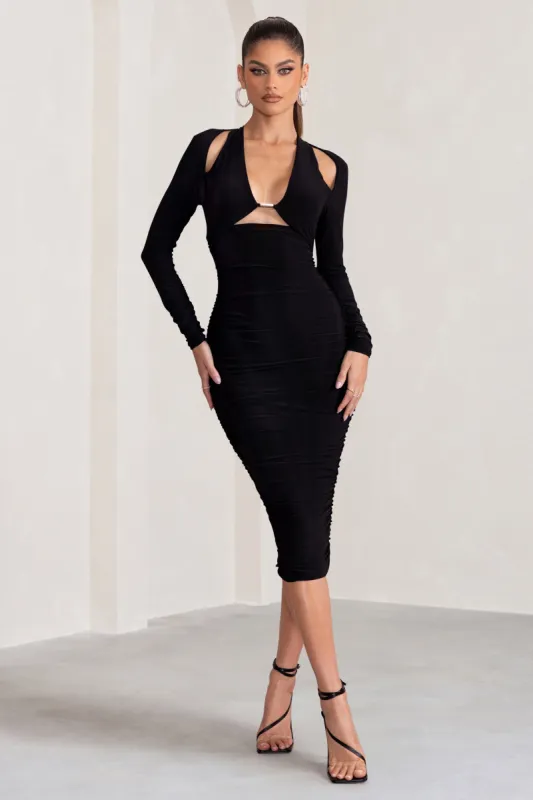 Etta | Black Cut Out Front Ruched Body Midi Dress With Gold Trim sold by Club L London