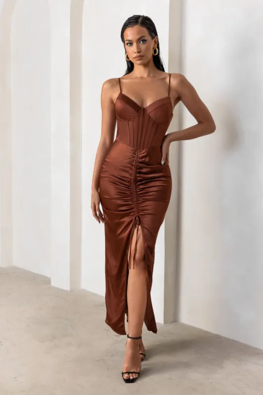In Between | Rust Satin Sweetheart Neckline Corset Front Split Maxi Dress sold by Club L London