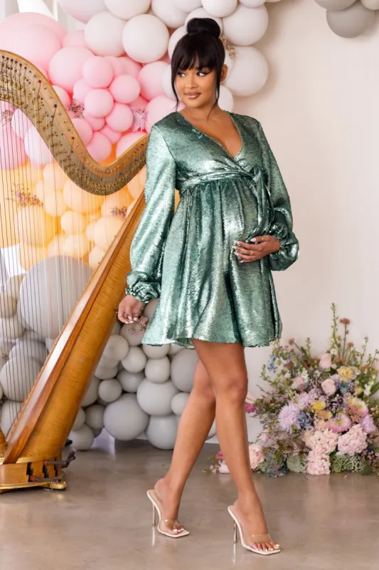 Blossoming | Mint Maternity Wrap Front Sequin Mini Dress sold by Club L London
