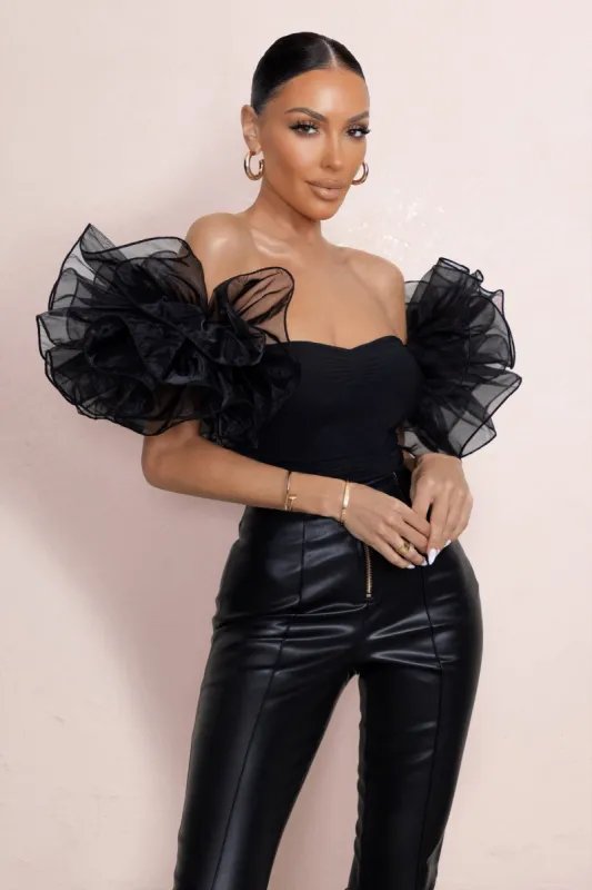 Scandalous | Black Organza Sleeve Bodysuit With Mesh Overlay sold by Club L London
