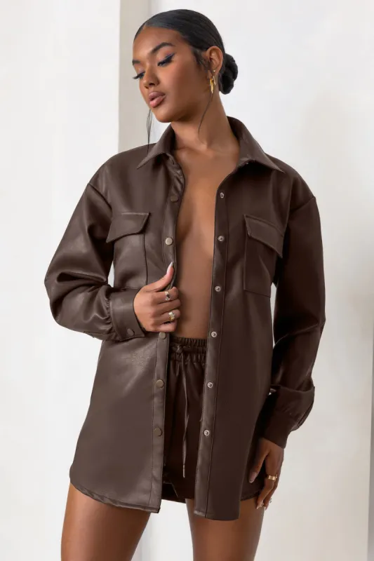 For Keeps | Brown Faux Leather Oversized Utility Shirt sold by Club L London