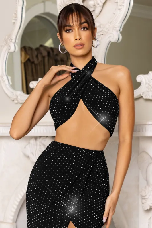 Caress Me | Black Diamante Halter Neck Top sold by Club L London