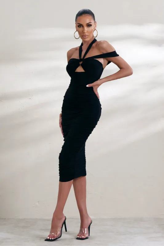 Prague | Black Halter Neck Cut Out Ruched Midi Dress sold by Club L London