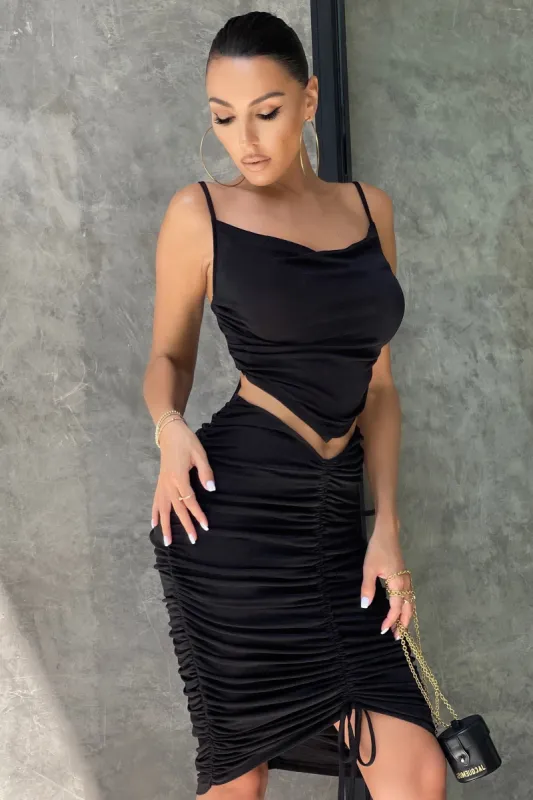 Truth | Black Ruched Bodycon Midi Skirt With Tie Detail sold by Club L London