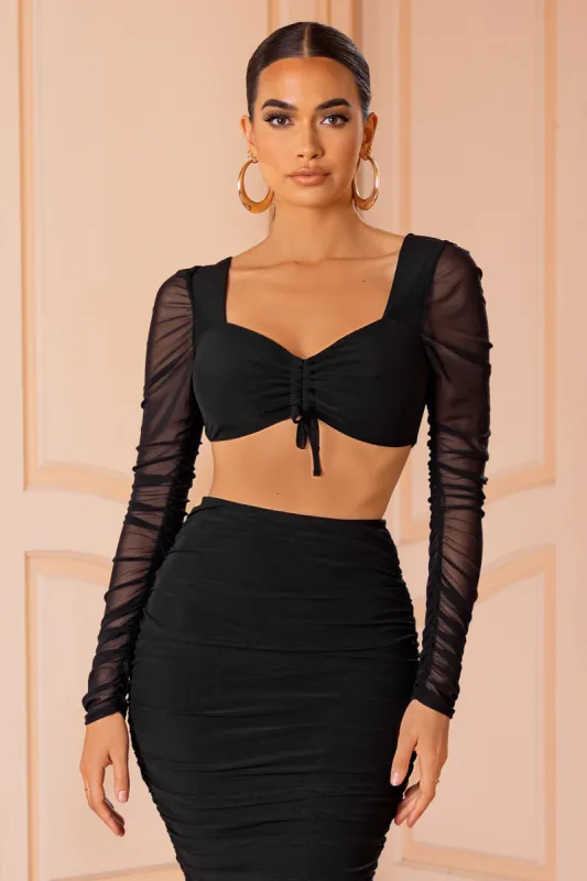 Down To You | Black Ruched Mesh Long Sleeve Top sold by Club L London
